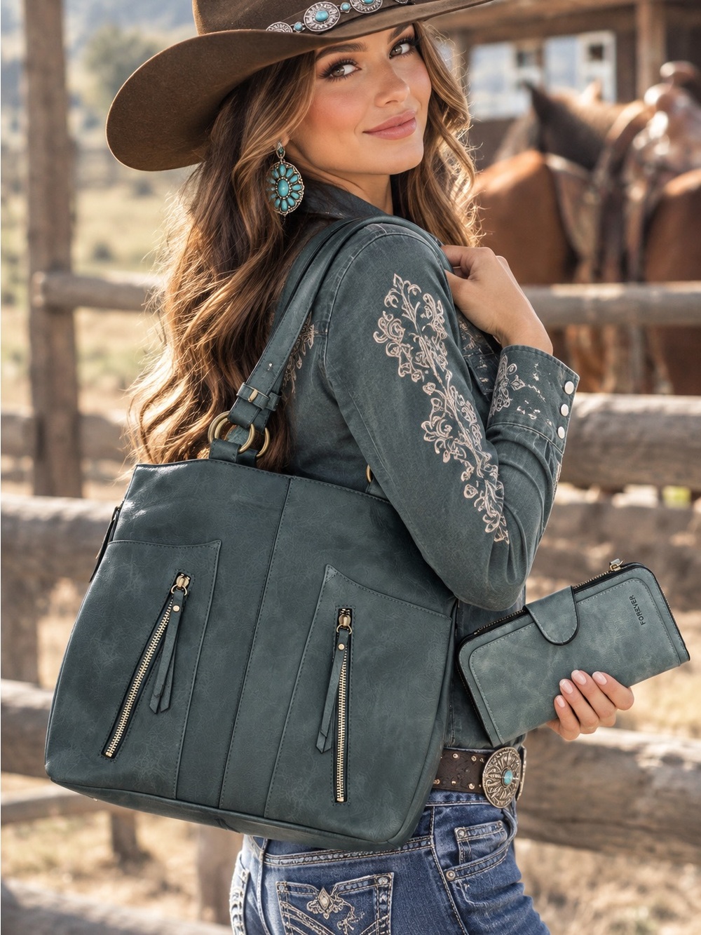 Le Miel Teal Shoulder Bag with Matching Wallet